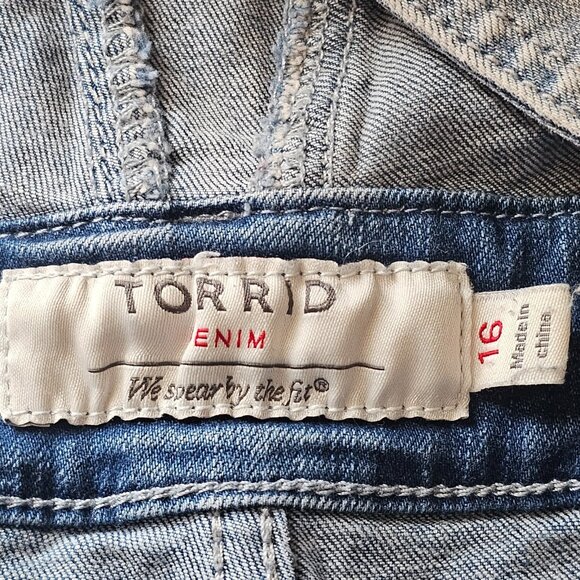 Torrid Denim Overalls Womens 16 Blue Distressed Stretch Jeans Adjustable EUC - Picture 5 of 9